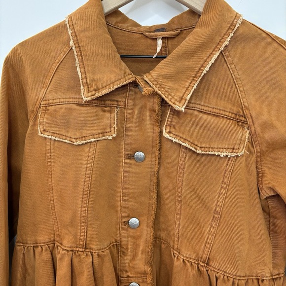Free People Willow Denim Jacket XS Rust/Brown Lace Up Cuffs Boho Western Forest - Picture 2 of 10